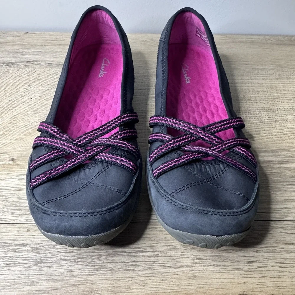 Clarks Shoes Gray Pink Flats Nubuck Suede Cushioned‎ Slip On Neutral Casual 7
